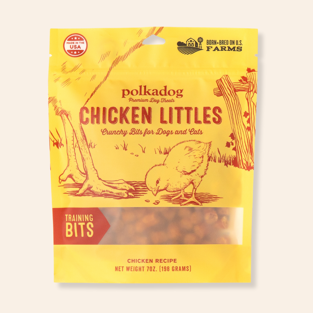Polkadog Chicken Littles training bits dog treats packaging on a beige background