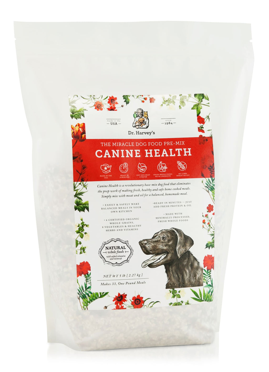 Dr. Harvey's Canine Health Miracle Dog Food Pre-Mix, 5 lb white resealable bag with floral design
