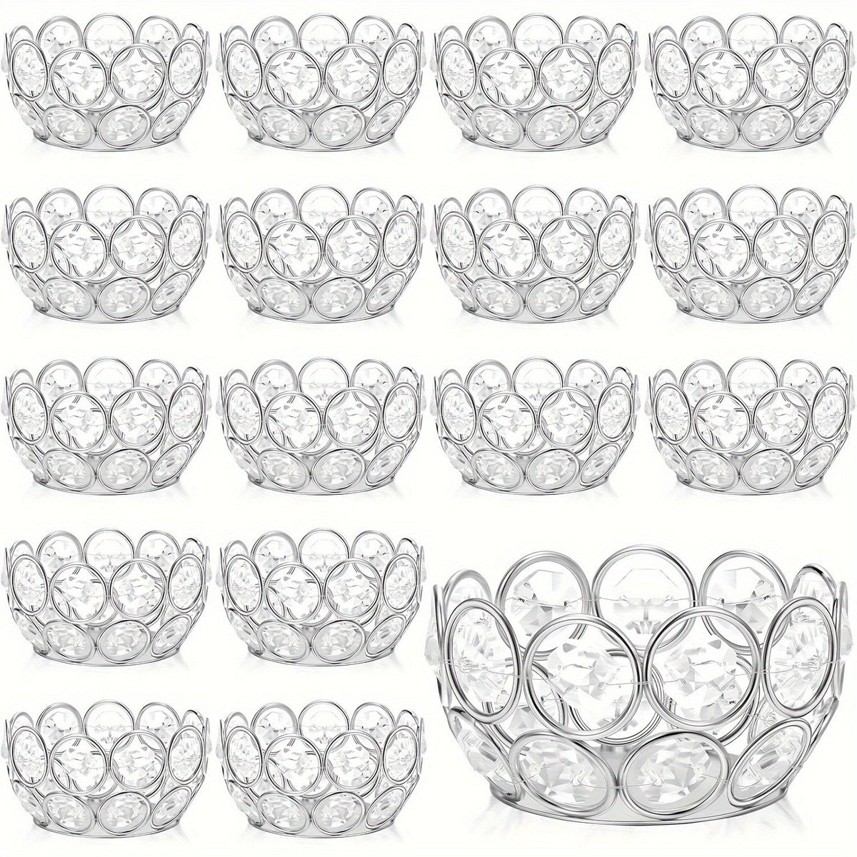 Candle Holder Set 20-Piece Tealight Cups with Openwork Crystal-Look Frames in Gold or Silver Finish