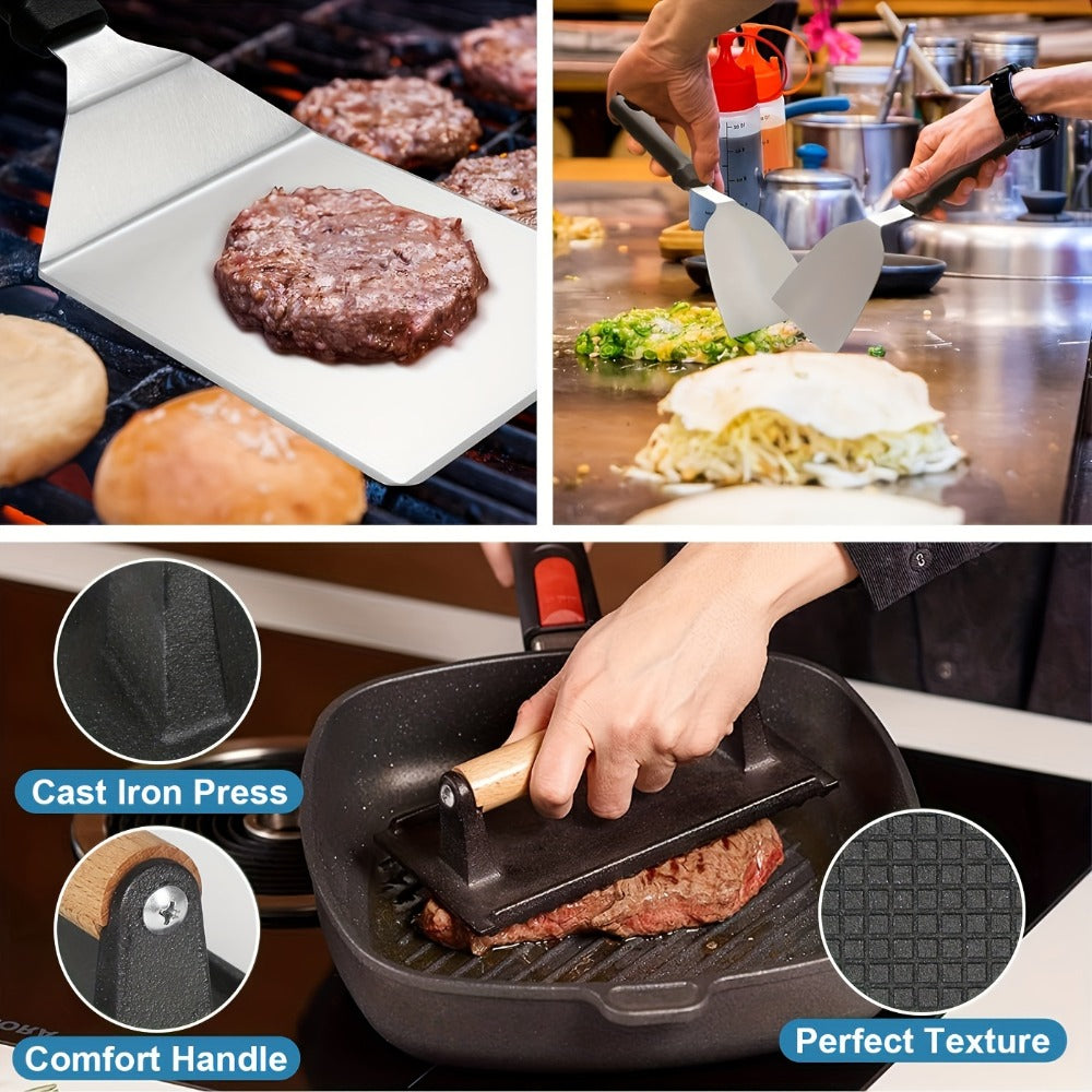 Griddle Accessories Kit 34 Piece Stainless Steel – Flat Top Grill Set with Enlarged Spatulas, Basting Cover
