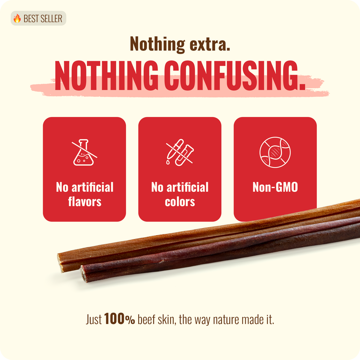 Natural Farm collagen sticks made from 100% beef skin — no artificial flavours, no artificial colours, non-GMO single ingredient