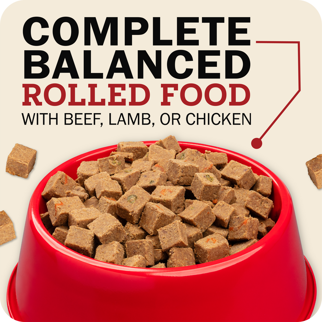 Red bowl filled with rolled dog food cubes on a beige background with text about balanced food.