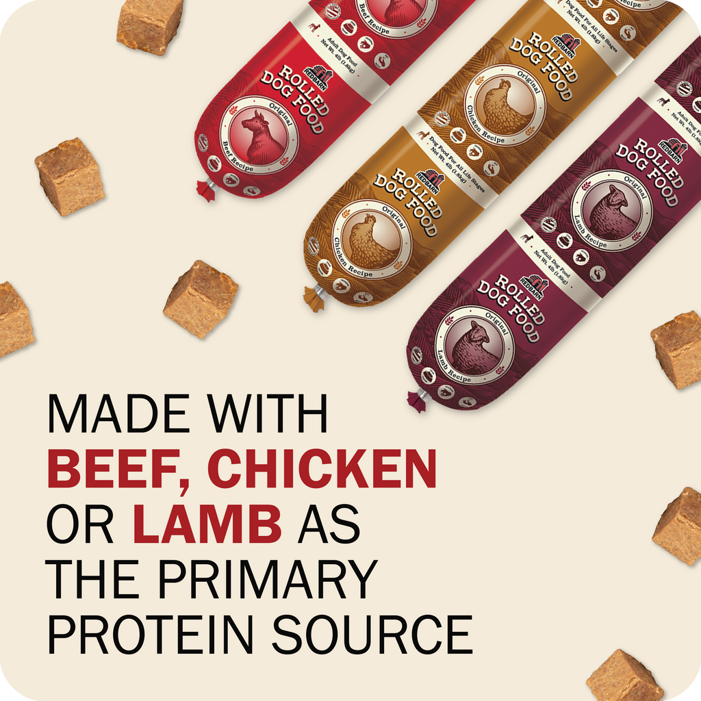 Rolled dog food packages with text highlighting protein sources on a beige background