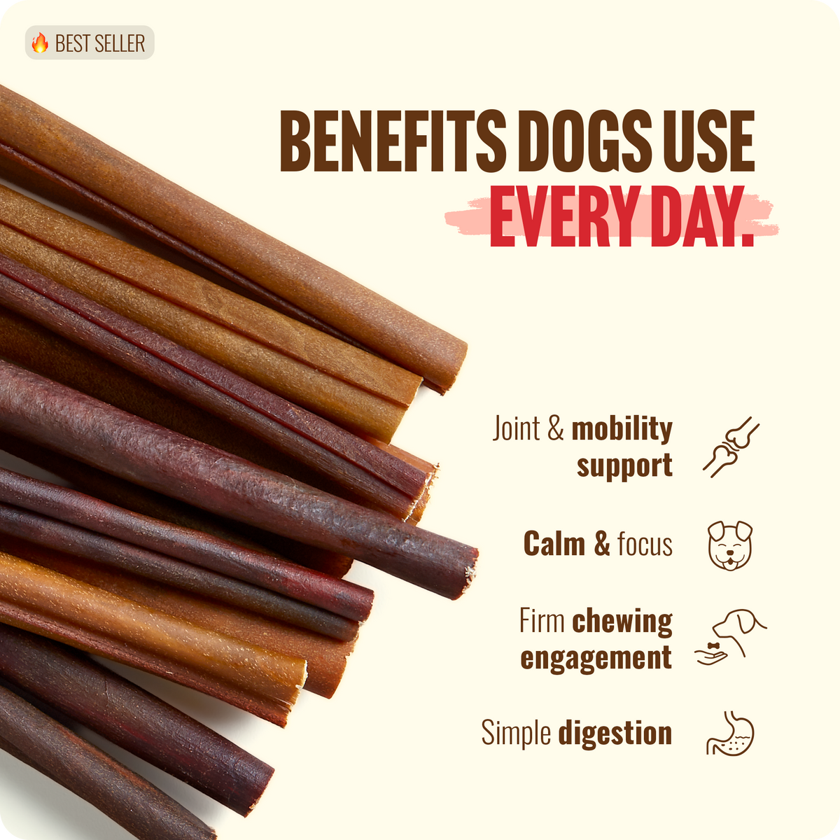 Natural Farm bully sticks variety pile showing daily benefits — joint support, calm and focus, chewing engagement, easy digestion
