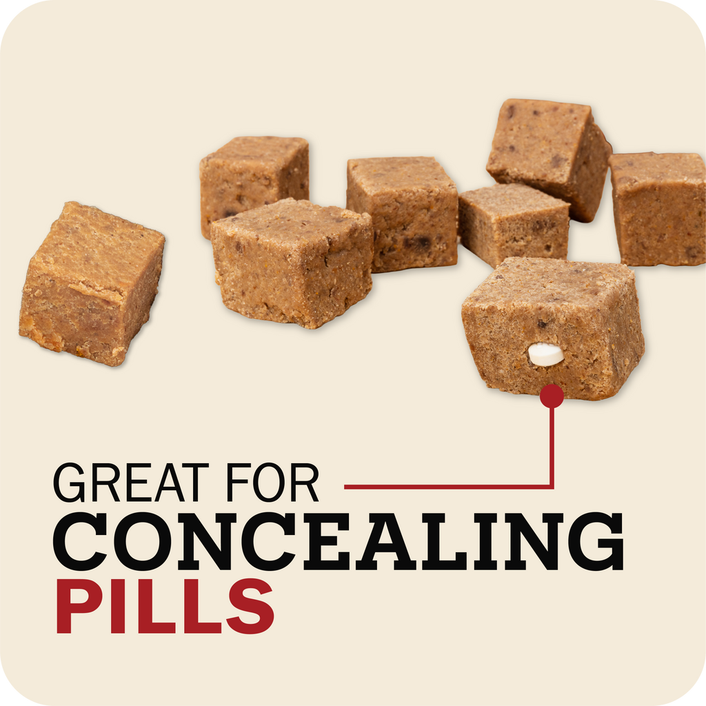 Cut rolled food with text 'Great for Concealing Pills' on a beige background