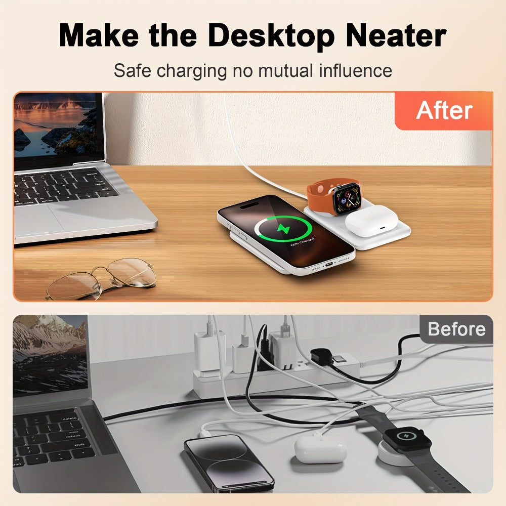 Foldable Three-Device Wireless Charging Station for Phone, Watch and Earbuds with Magnetic Supports