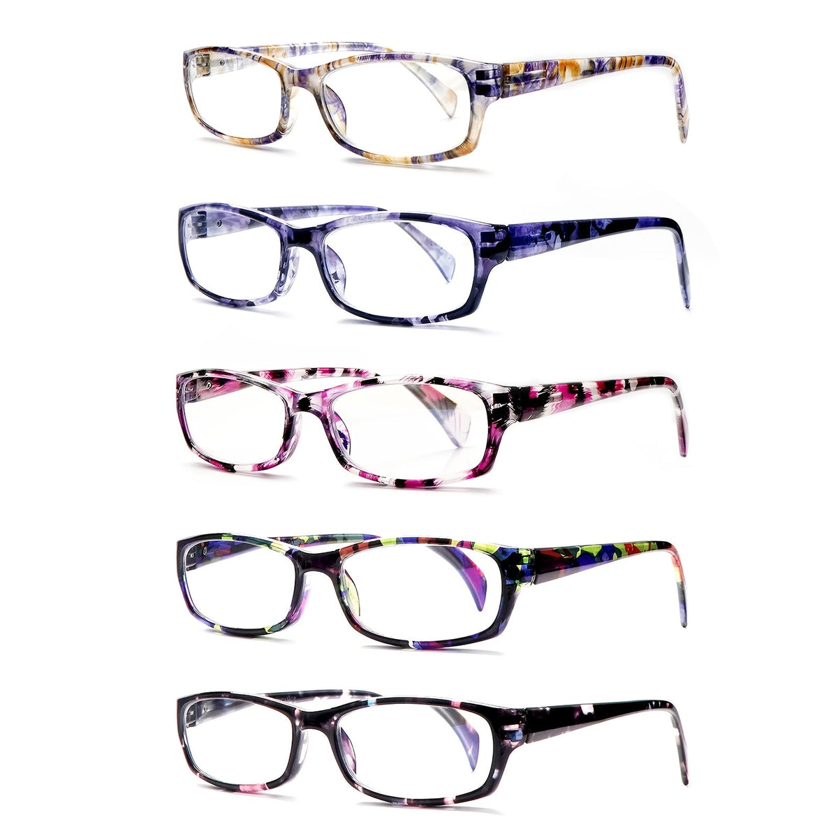 Reading Glasses – Five-Pair Rectangular Set with Spring Hinges and Mixed Colors with Multiple Strength and Color Options