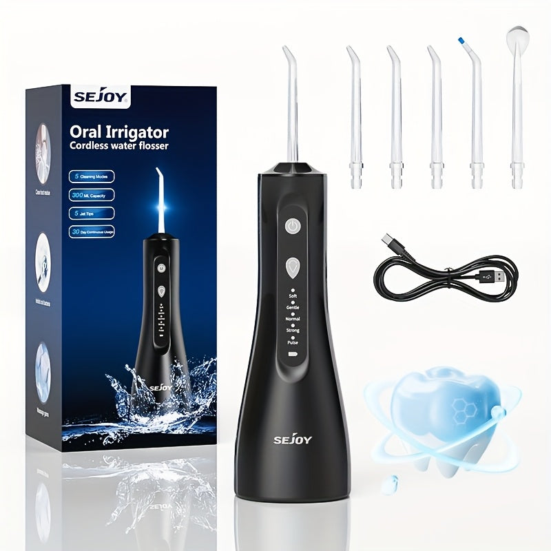Water Flosser SEJOY Cordless Oral Irrigator with 300ml Tank, Five Modes, Five Nozzles, 1800mAh Battery and USB Charging