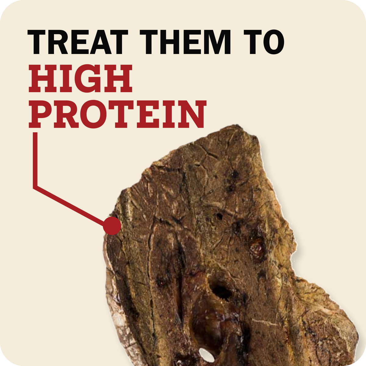 Text reading 'TREAT THEM TO HIGH PROTEIN' above a close-up of Redbarn Chopper on a light beige background.