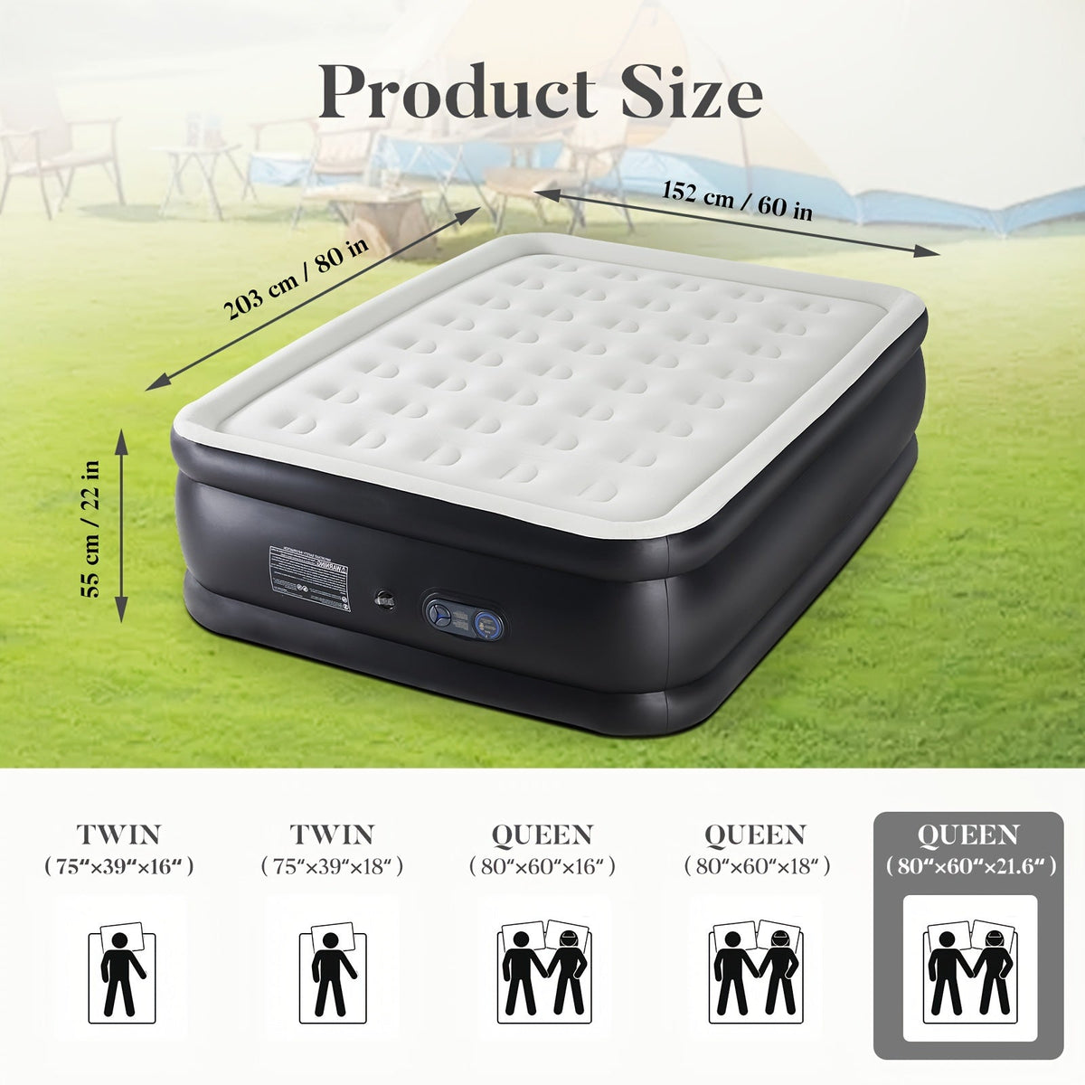 Camping Air Mattress with High-Capacity Pump – Anti-Deformation Honeycomb PVC Construction, Soft Flocking Top for Comfort