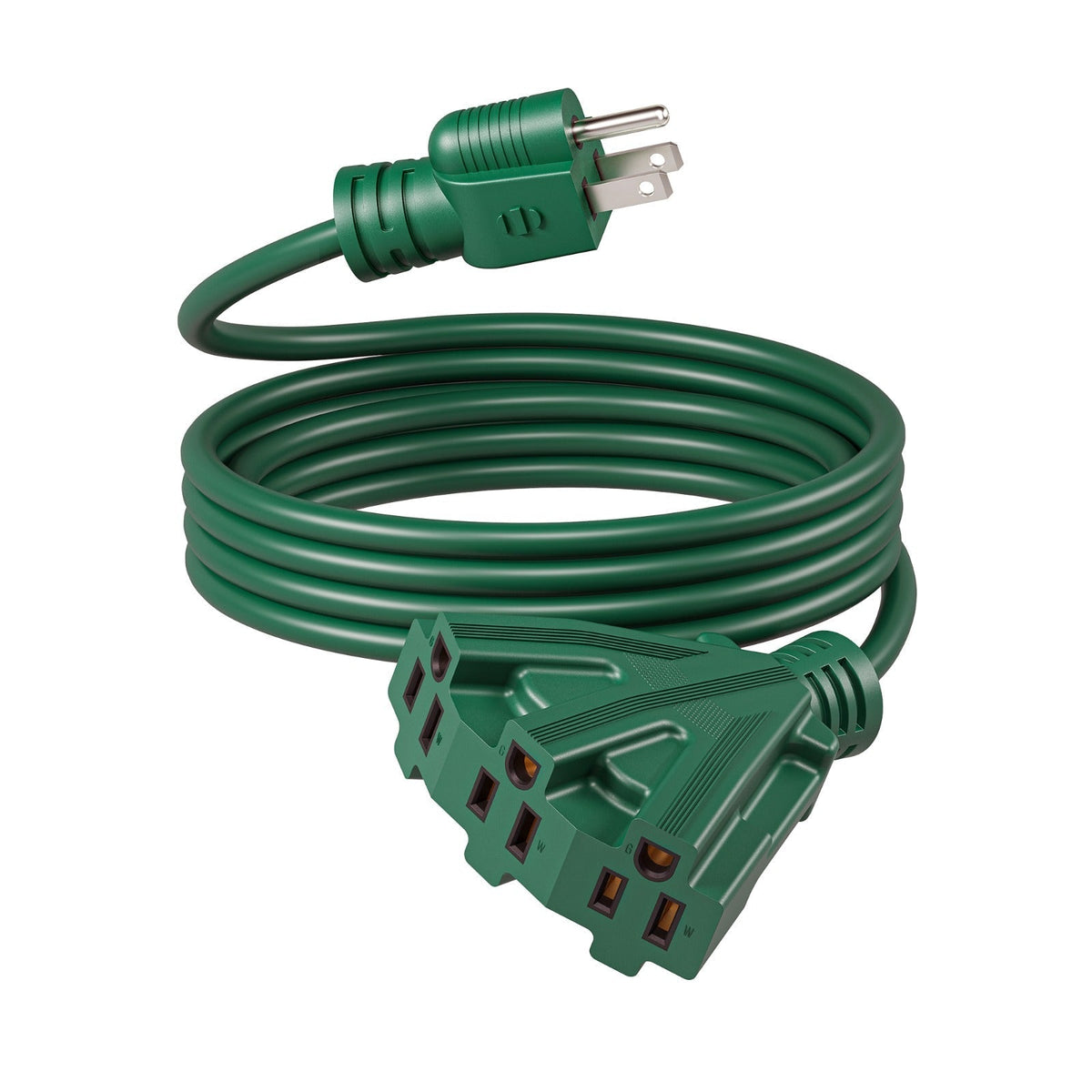 Green 12-Foot 16/3 Extension Cord with Three-Outlet Splitter, 13A 125V and 1625W Pictured Label
