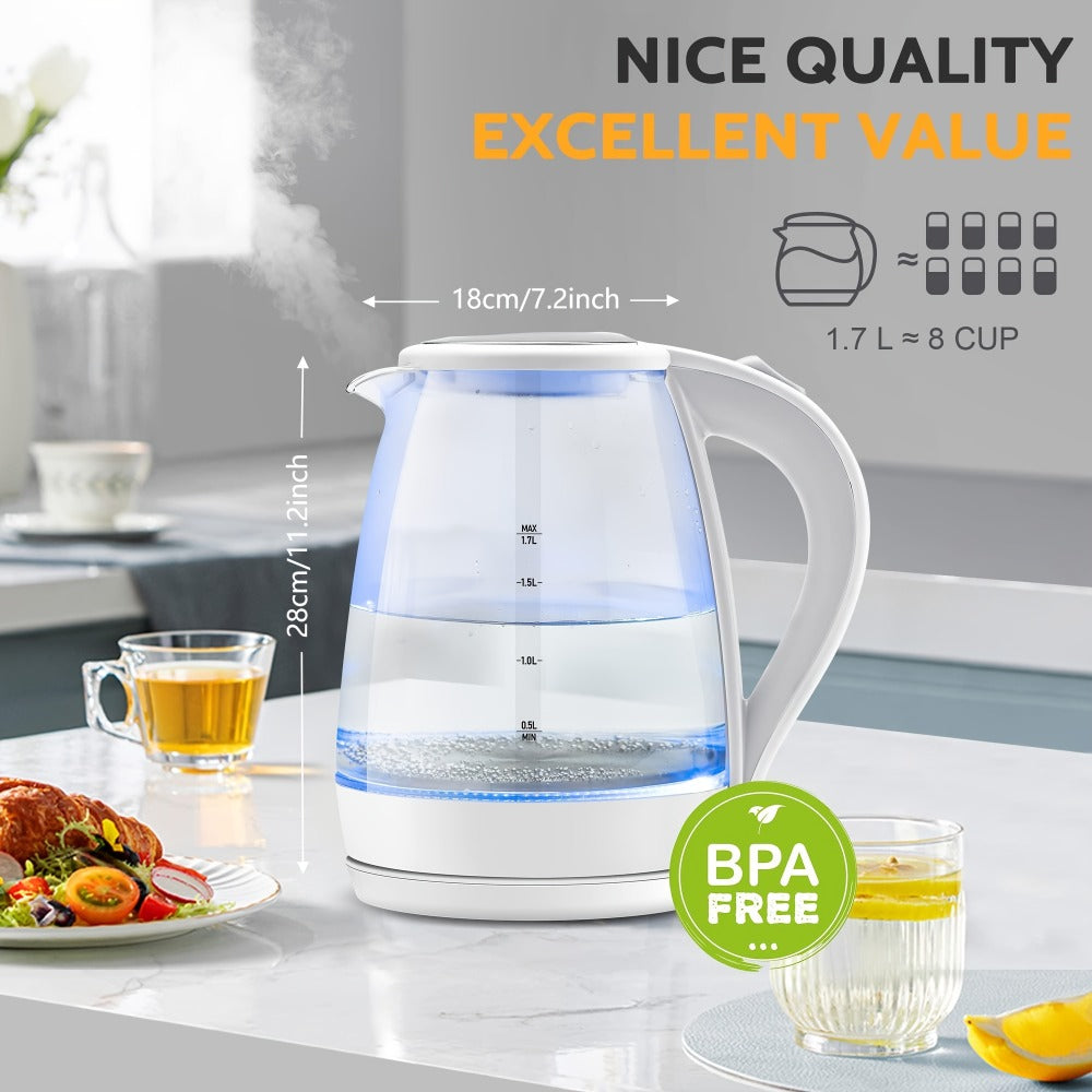 Electric Kettle 1.7L 1200W Borosilicate Glass with Blue LED, Auto Shut-Off and Cordless Base