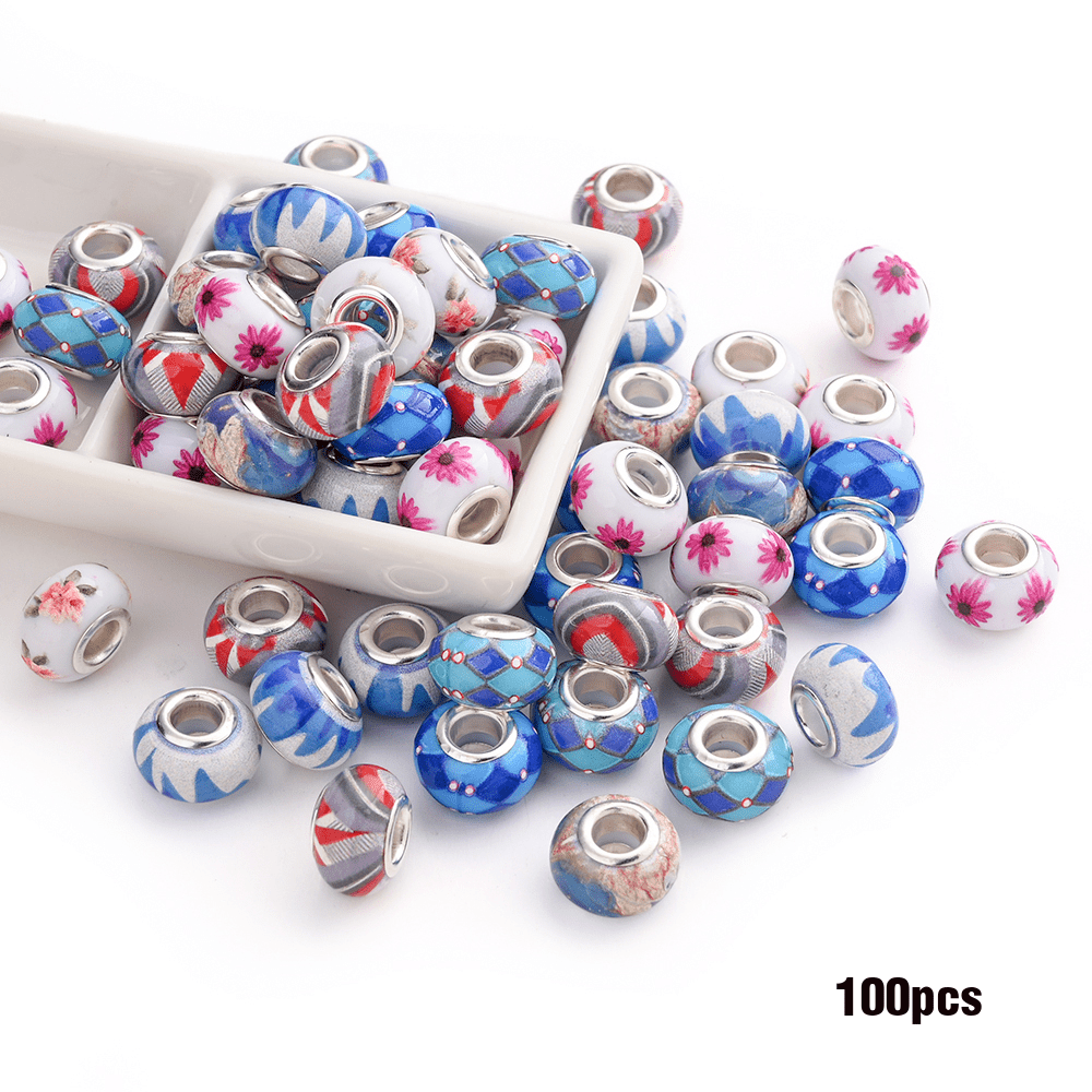 100-Piece Acrylic Flower Bead Set with 14mm Printed Flat-Round Shapes in Eight Color Mix Options