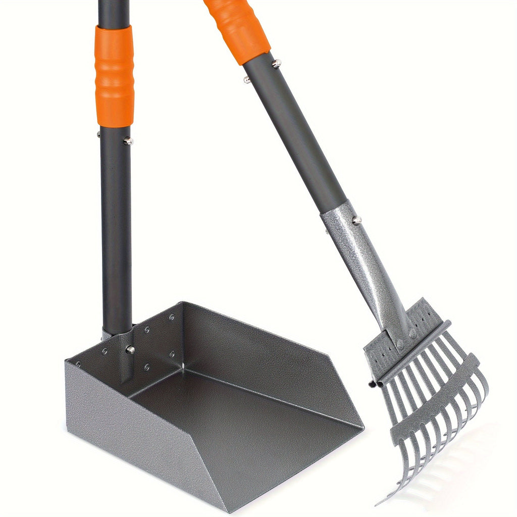 Long-Handle Pet Waste Rake and Tray Set with Two Three-Section Handles and Nine Color Options