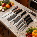 Kitchen Knife Set 8-Piece 5Cr15MoV Stainless Steel with Hammered Blades, Wood-Style Handles and Shears Options