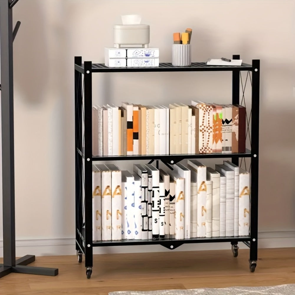 Heavy Duty Storage Rack with Wheels 3-Layer Foldable Metal Shelving Unit 750 LBS Capacity, Rolling Utility Cart for Garage Kitchen Pantry