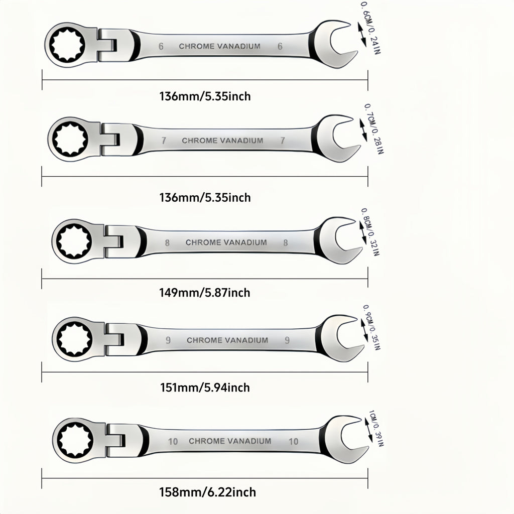CR-V Flex Head Ratchet Wrench Set 5-Piece – 2-in-1 Reversible Open End & Hex Socket Dual-Purpose Kit | Automotive Engine Bay, Plumbing