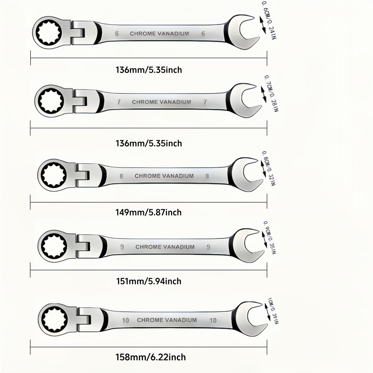 CR-V Flex Head Ratchet Wrench Set 5-Piece – 2-in-1 Reversible Open End & Hex Socket Dual-Purpose Kit | Automotive Engine Bay, Plumbing