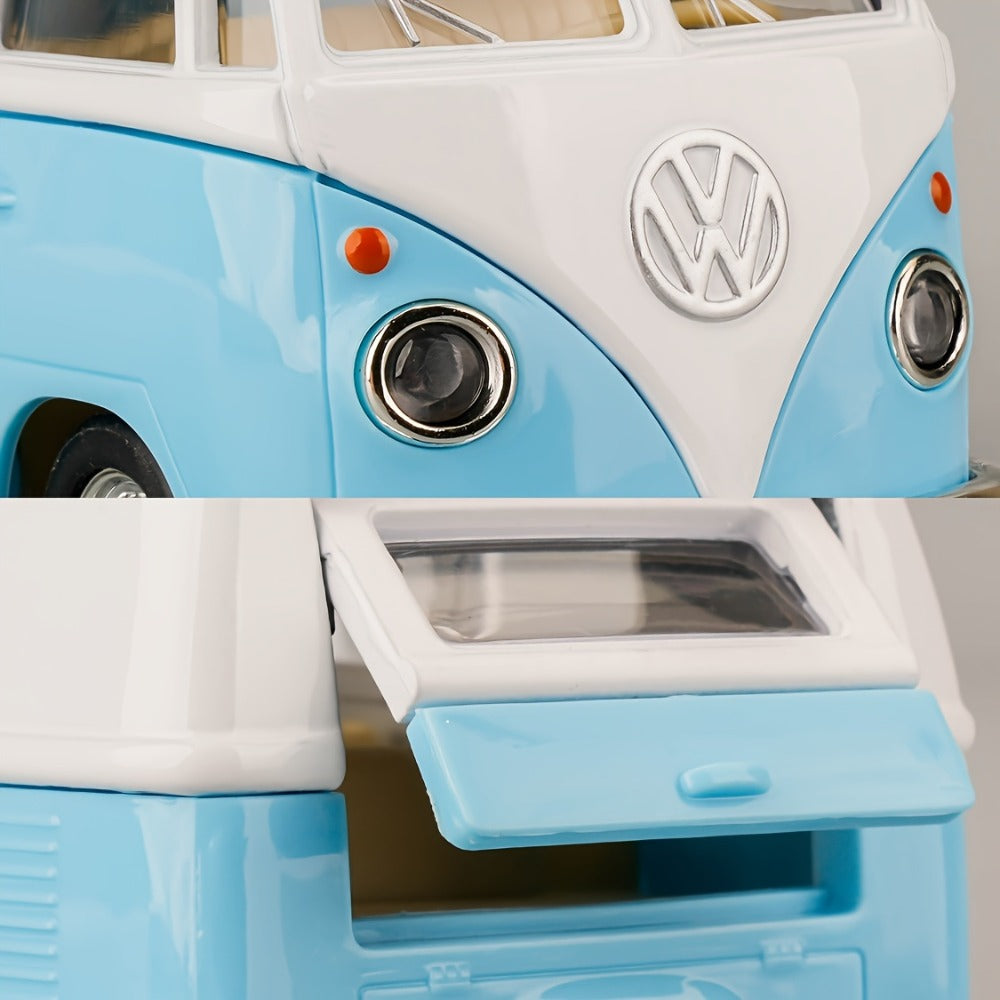 Volkswagen T1 Bus Diecast Model Car 1:36 Scale Zinc Alloy Pullback, Vintage Blue & White, Detailed Interior