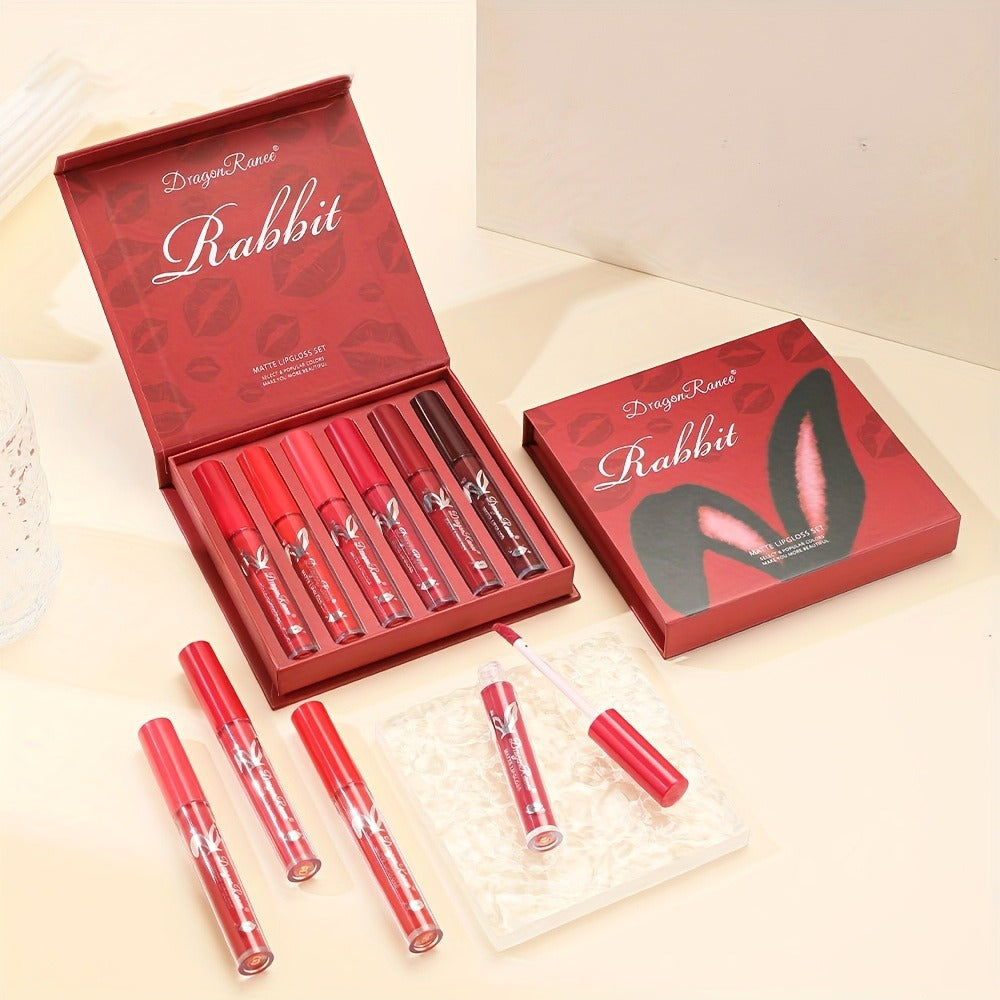Lip Gloss Set by Dragon Ranee with 6 Red-Tone Matte Lip Colors, Tube Applicators and Gift Box