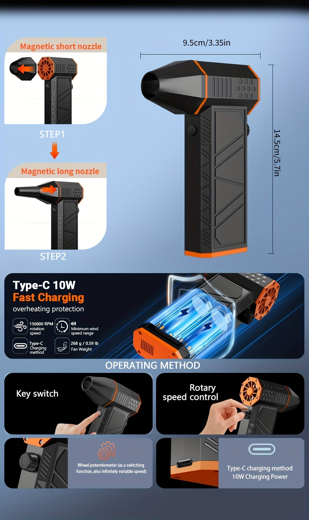 Orange-and-Black Turbine Air Duster with Four Power and Accessory Set Checkout Options Pictured