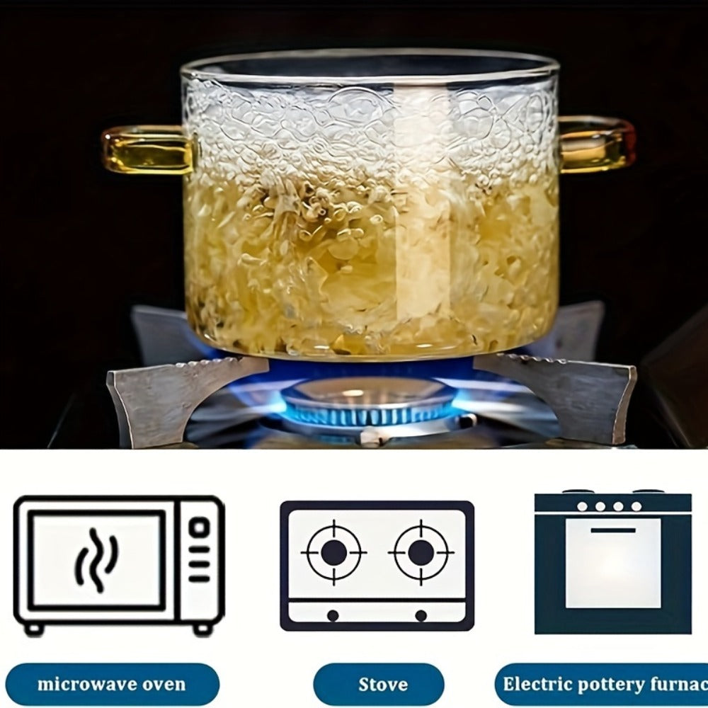 Borosilicate Glass Pot with Lid 50oz Stovetop & Microwave Safe – Double Heat-Resistant Handles for Soup, Milk & Porridge | Transparent Glass
