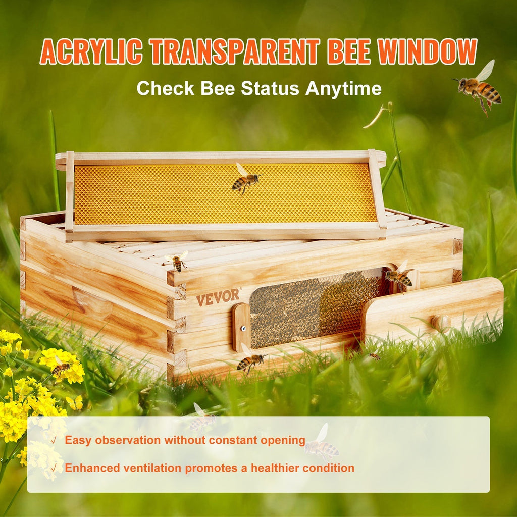 Beehive Kit 10 Frame Cedar Wood Bee Hive with Transparent Windows & Beeswax Coating, for Garden, Yard and Pest Management