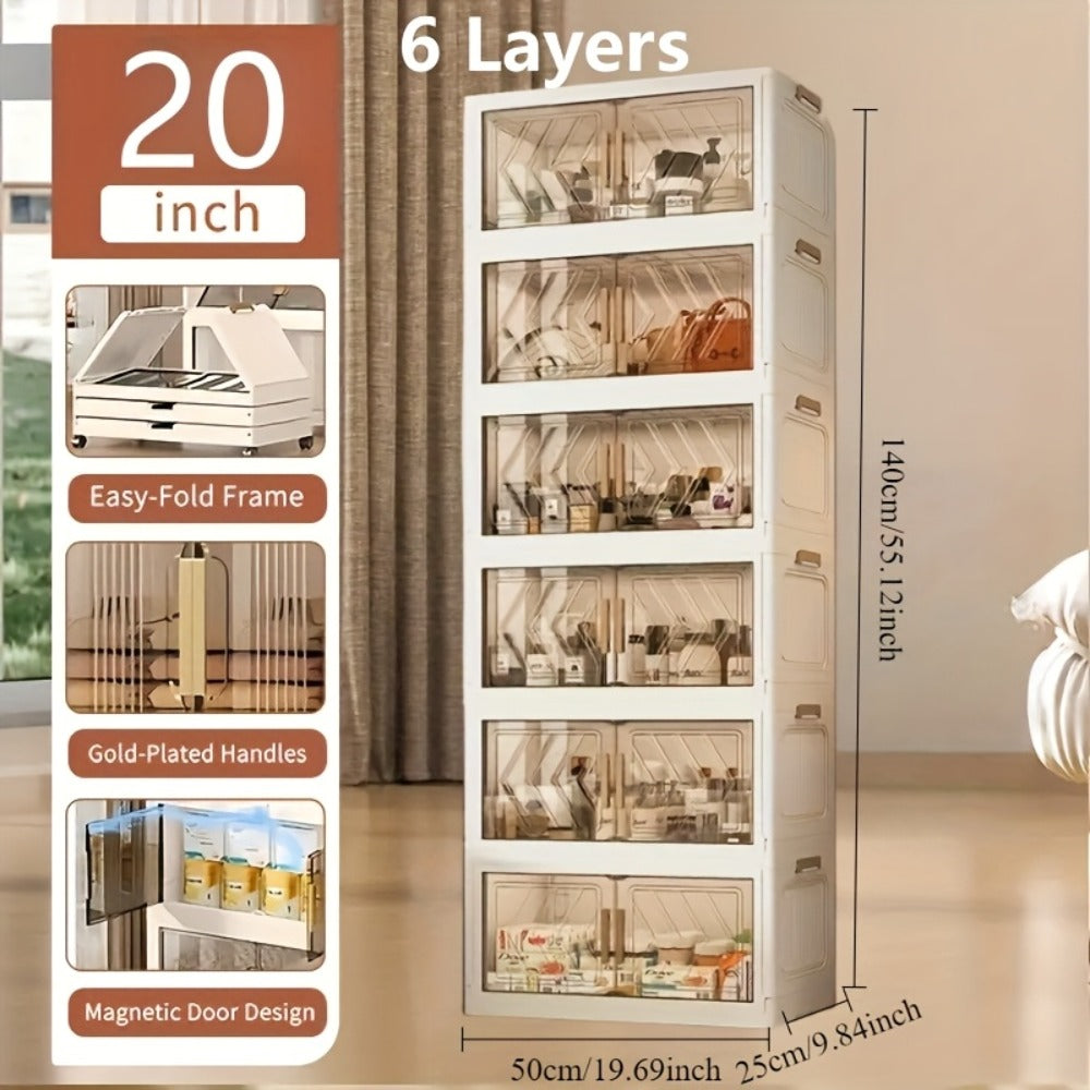 Folding Storage Cabinet 1-6 Tier Collapsible Stackable Organizer with Wheels and Lids – Extra Large Foldable Storage Locker for Closet