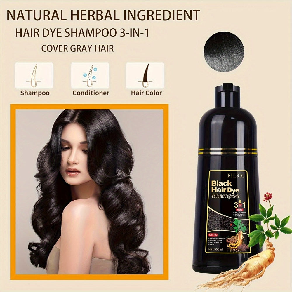 Hair Dye Shampoo, RILSIC Three-Pack of 500ml Bottles in Black, Brown, Dark Brown or Chestnut Brown