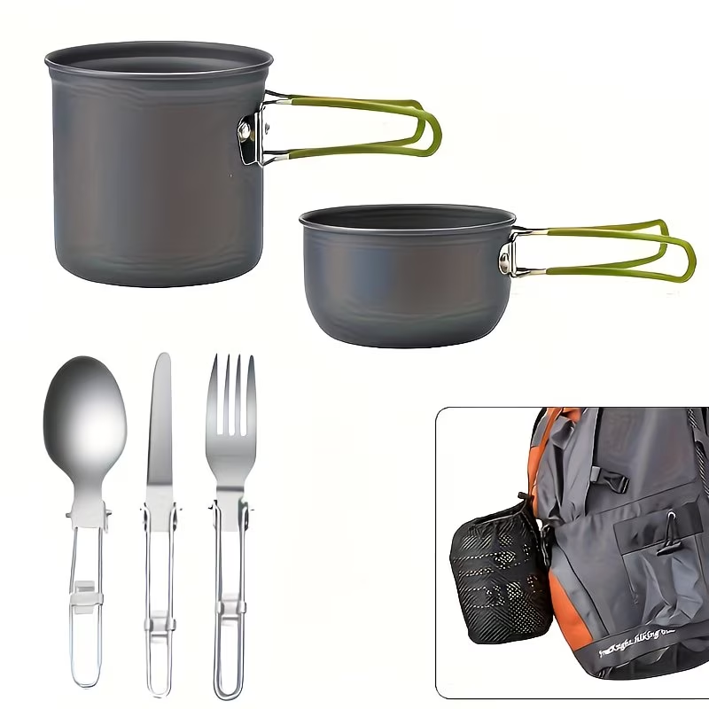 Portable Camping Cookware Set with Double Pot & Utensils – Lightweight Open Fire Cooking Kit with Forks Knives Spoons