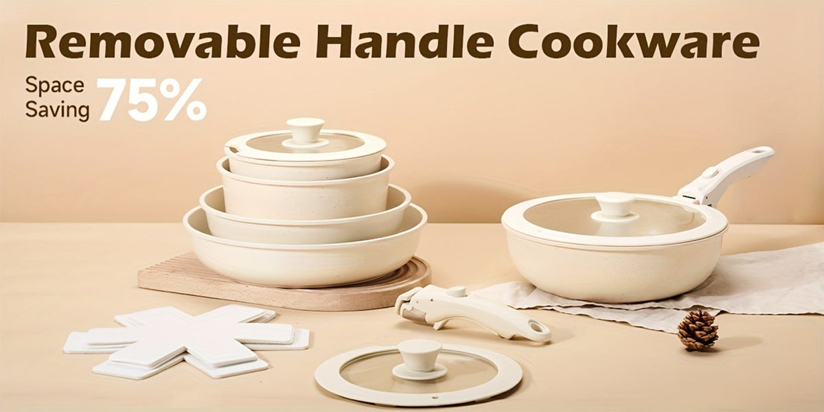 Cookware Set A Dinnerware 16- or 26-Piece Detachable-Handle Pots and Pans in Black or Beige for Compact Storage