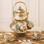20-Piece Floral Ceramic Tea Set with Saucers & Metal Stand, European Afternoon Tea Service, Blooming Design