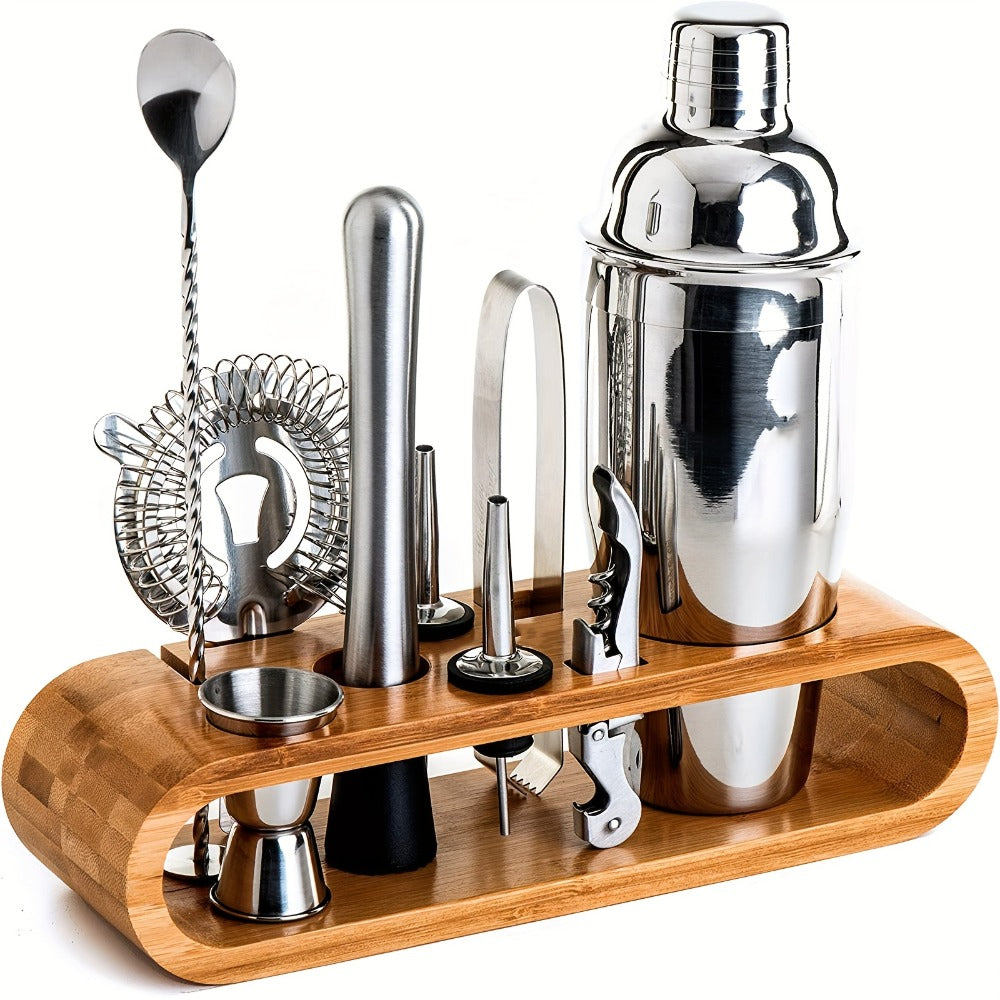 Bartender Set 10-Piece Stainless Steel Cocktail Shaker Bar Tool Kit with Bamboo Stand Home for Entryways, Bedrooms and Living Spaces