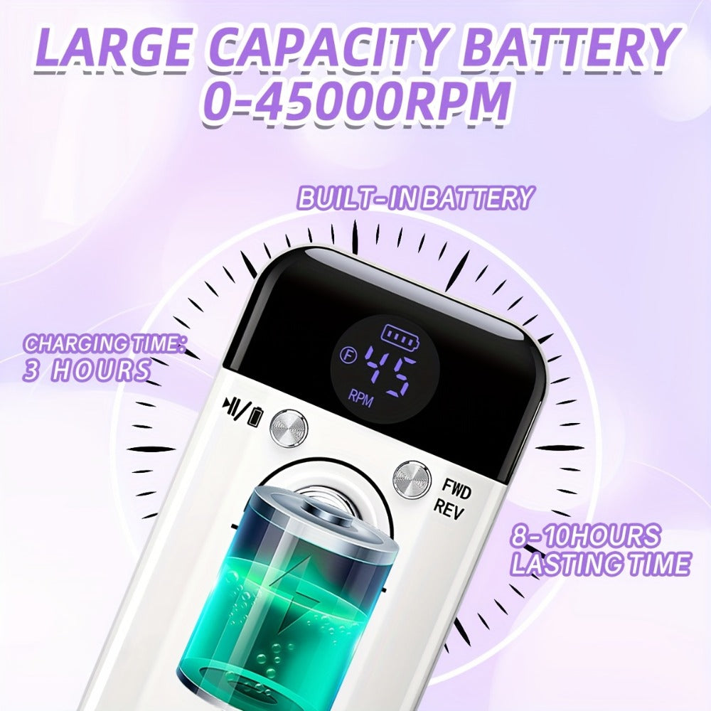 Electric Nail Drill 45000 RPM Rechargeable Kit with LCD Display and V6 Pink or White Options