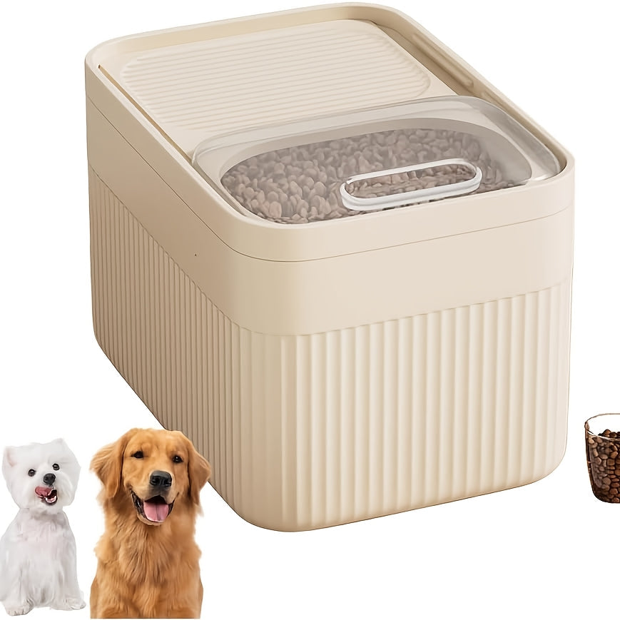Ribbed Beige Pet Food Storage Bin with Clear Top Access Panel and Rectangular Lidded Design
