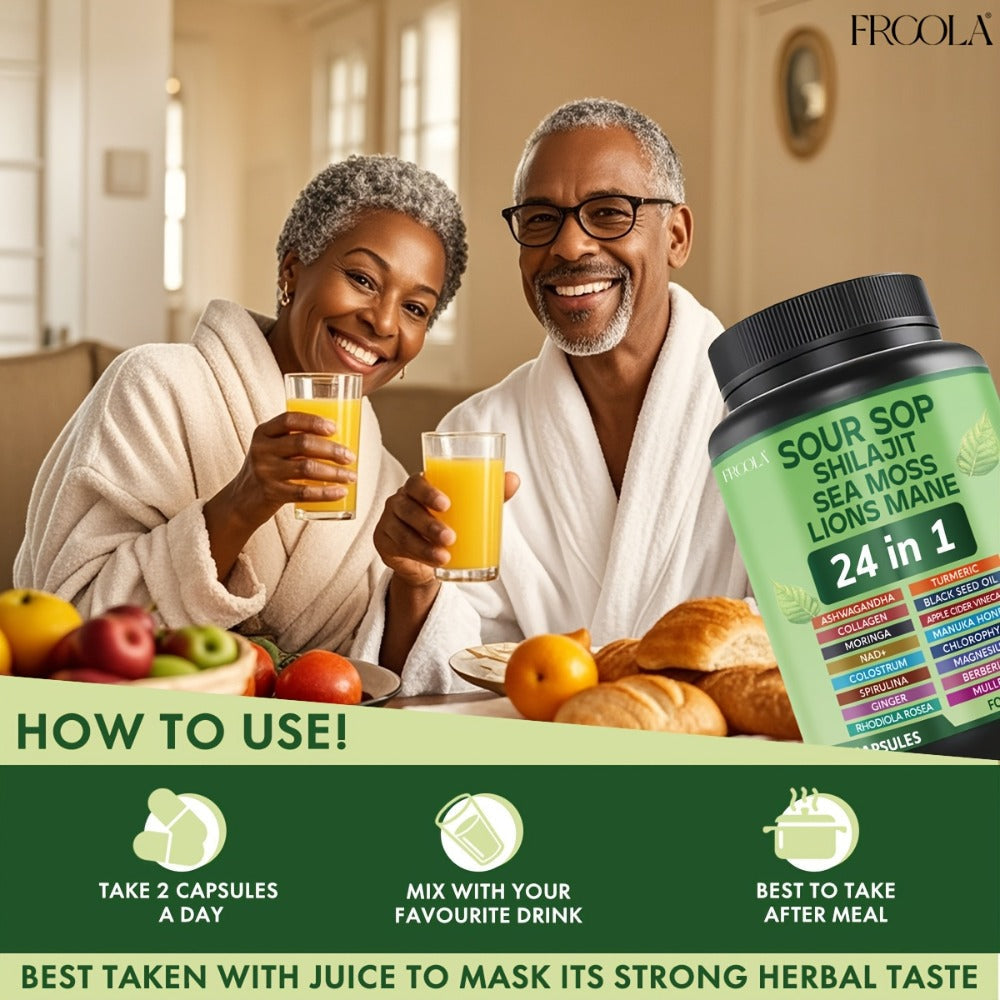 Soursop Graviola Supplement Capsules 24-in-1 with Sea Moss, Shilajit, Lion’s Mane, Vitamin D3, Black Seed Oil