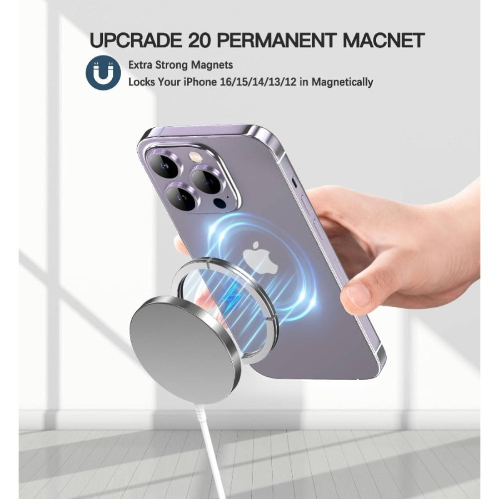Two-Piece Silver-Tone Magnetic Wireless Charging Pad Set with Round Faces and Pictured USB Cables