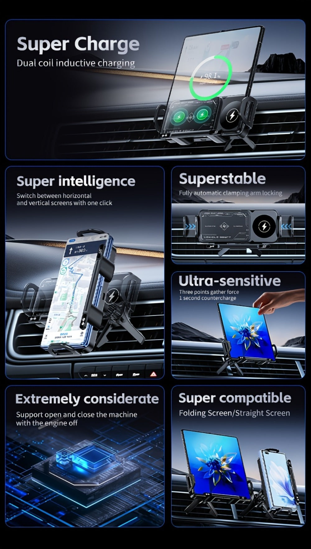 Folding Wireless Car Charger Mount with Air-Vent Base or Two-in-One Stand Checkout Options