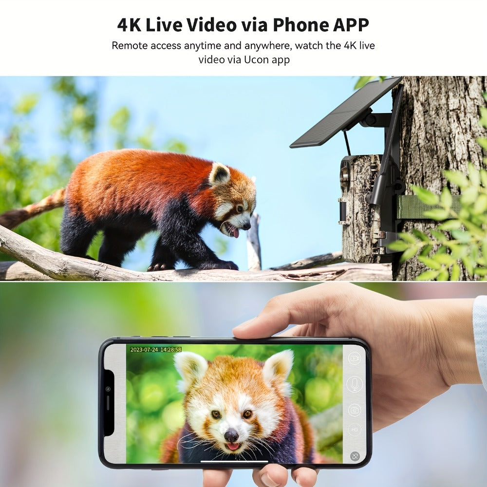 Solar Powered 4G Trail Camera 4K Live View 0.2s Trigger Speed 120° Wide Angle 850nm Night Vision No WiFi Needed Cellular Hunting Wildlife