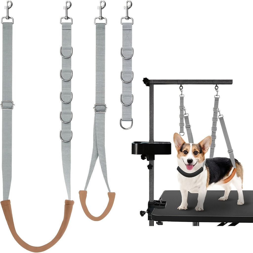Dog Grooming Restraint Strap Set with Three Adjustable Grey Loops and Rotating Clips for Supported Use