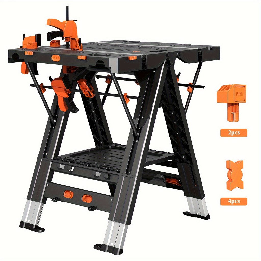 Folding Workbench 2-in-1 Portable Work Table, Height-Adjustable Sawhorse Workbench with 4 Woodworking Clamps