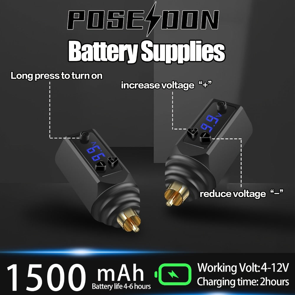 Tattoo Machine Kit POSEIDON SD01 Cordless Pen with 1500mAh Battery, Display, 20 Cartridges and 11 Inks