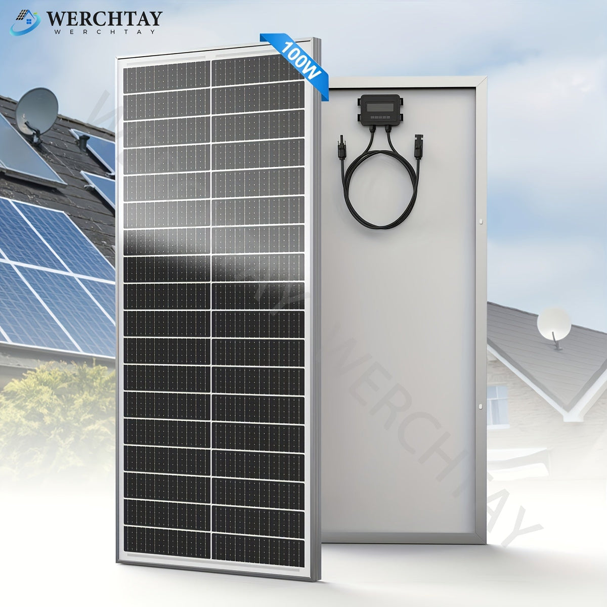 Single 100W Monocrystalline Solar Panel with 101 x 46 cm Frame and Attached PV Connector Cables