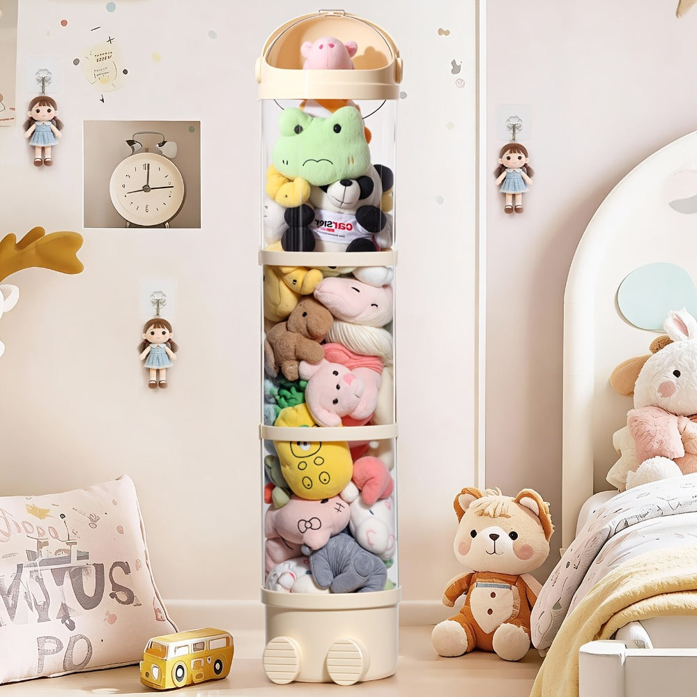 Stuffed Animal Storage Tower, Clear Plastic Toy Organizer with Layered Shelves, Visible Spacious Display Box for Kids Room