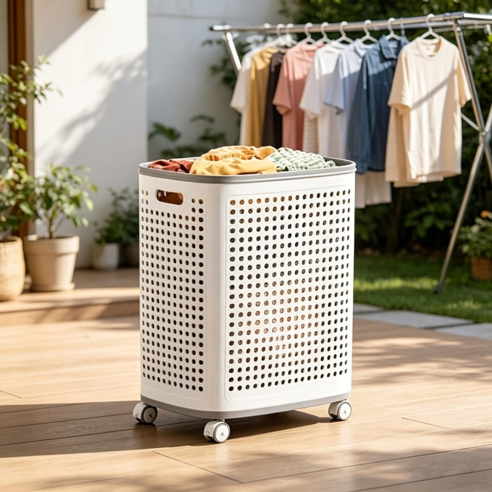 Wheeled Laundry Hamper Large Foldable with Dividers & Dust-Proof Lid – 360° Breathable Mesh Basket on Wheels, Reinforced Steel Base