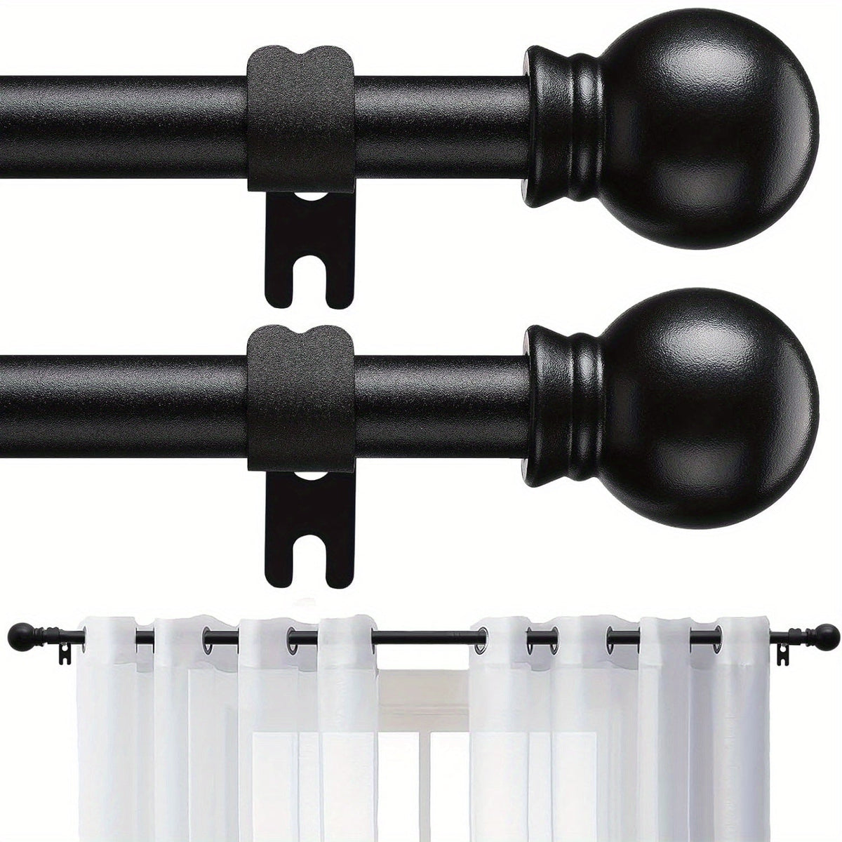 Two-Pack Matte Black Curtain Rod Set with 5/8 Inch Tube and 28–52 to 28–95 Inch Size Options