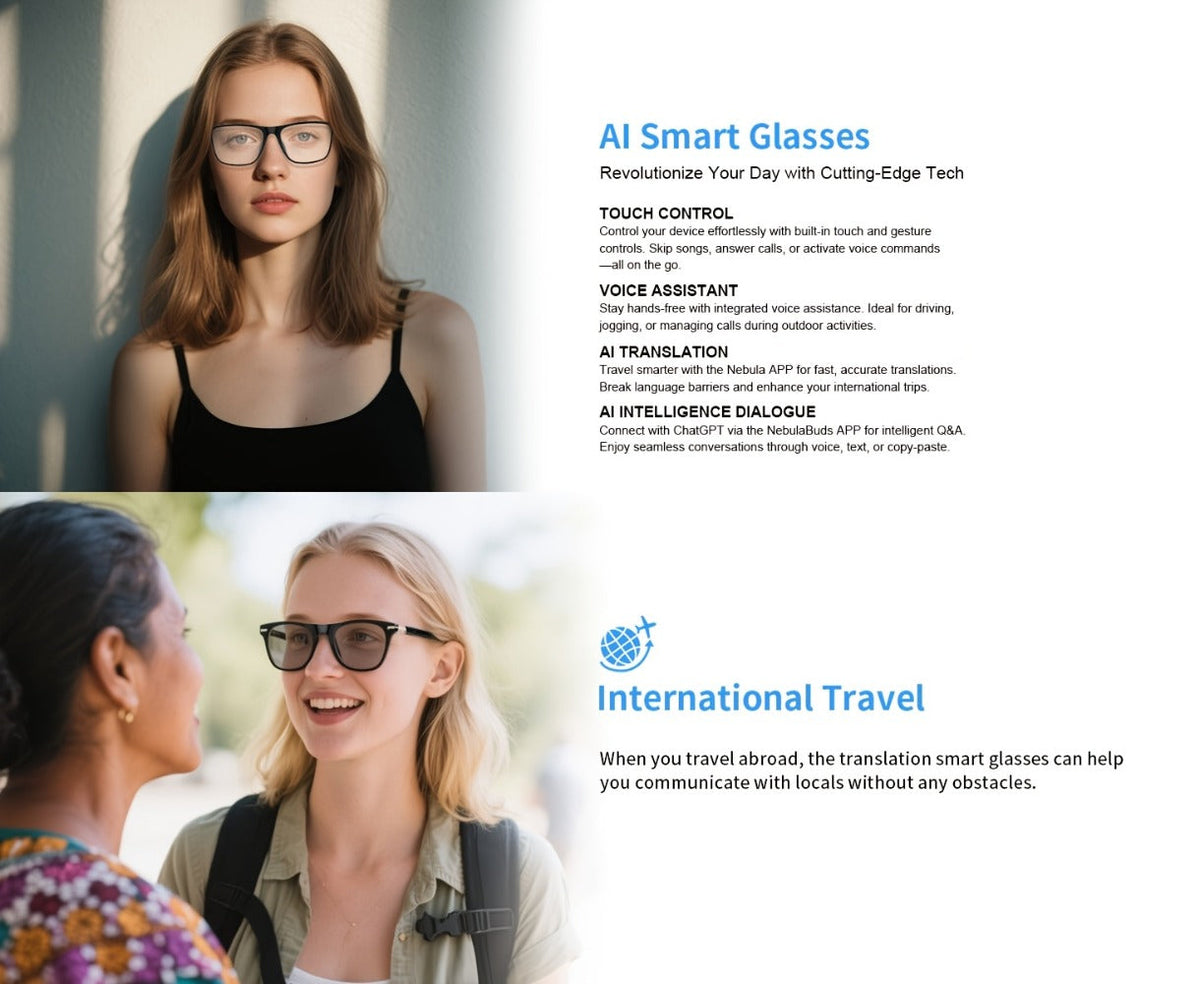 Smart Glasses 160-Language Translation Eyewear with Open-Ear Audio and 19 Photochromic Frame Options