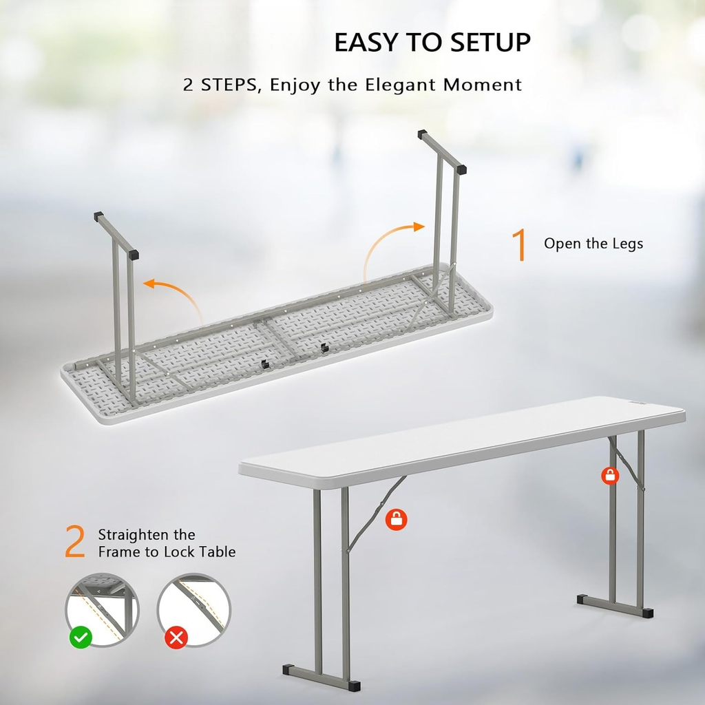 Narrow White 6-Foot Portable Folding Table with Rectangular Top and Folding Gray Leg Frame
