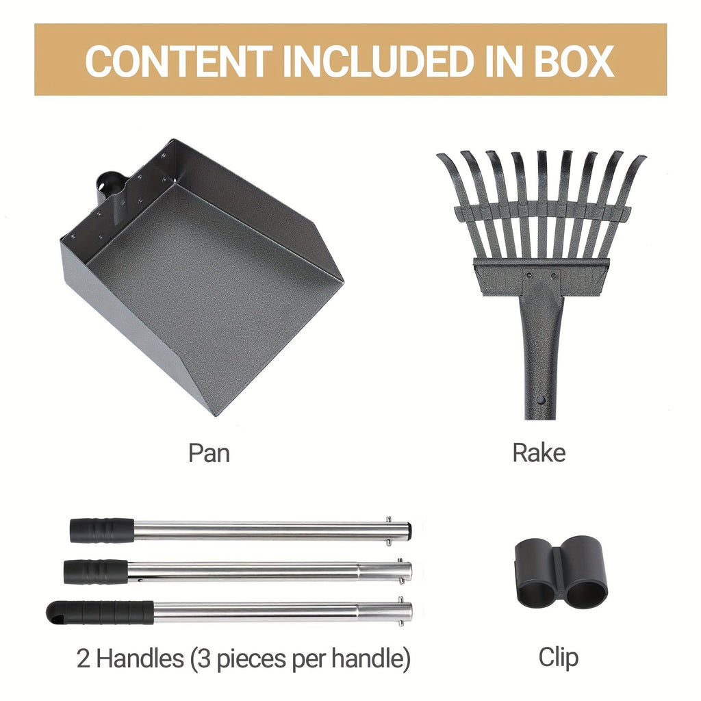 Dog Pooper Scooper Set Stainless Steel – Rust-Proof Tray & Rake with Adjustable Handles, Easy-Clean Pet Waste Removal Scoop for All Breeds