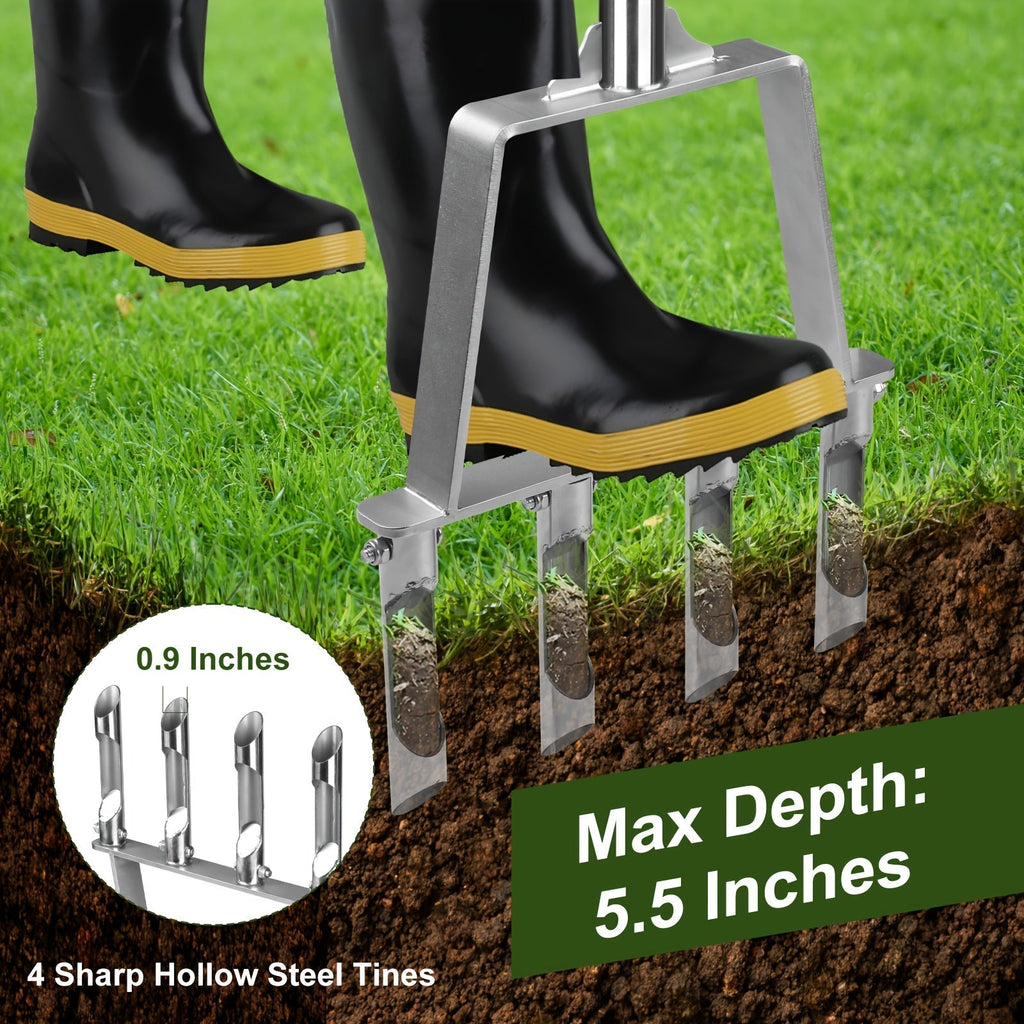 Four-Tine Manual Lawn Core Aerator in Black with T-Handle, Foot Bar and Hollow Plugging Tubes